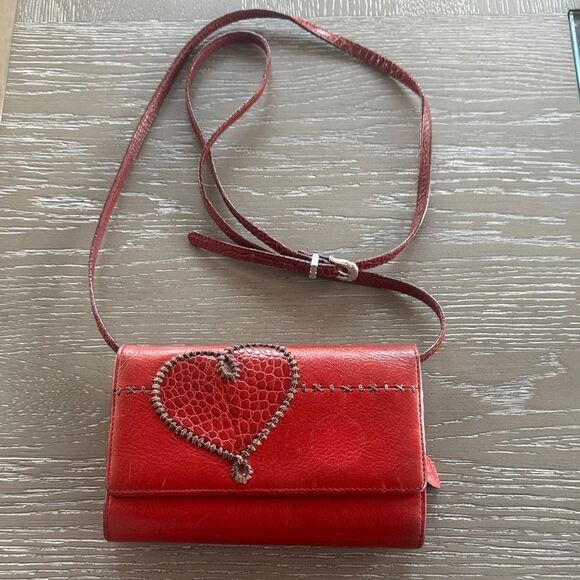 Brighton Red Leather Croc Heart Accent Stitched Crossbody Bag Wallet Organizer - Picture 1 of 16